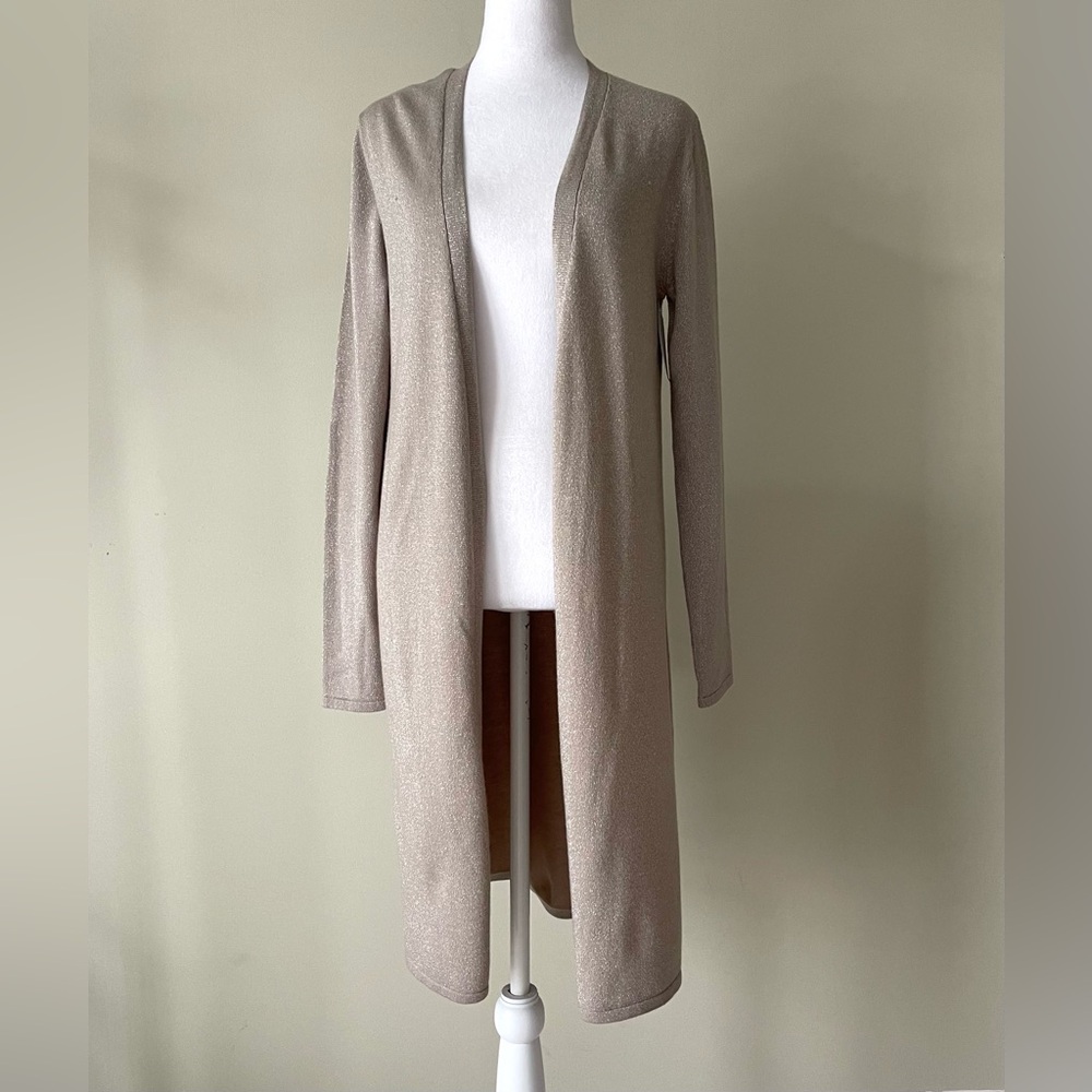 T Tahari Open Front Long Sleeve Metallic Long Cardigan Size S/P NWOT